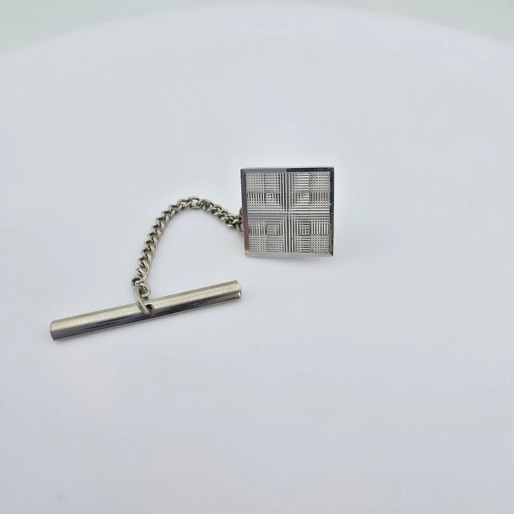 Vintage Tie Tack Clip Clasp Textured Square Silver Tone .5